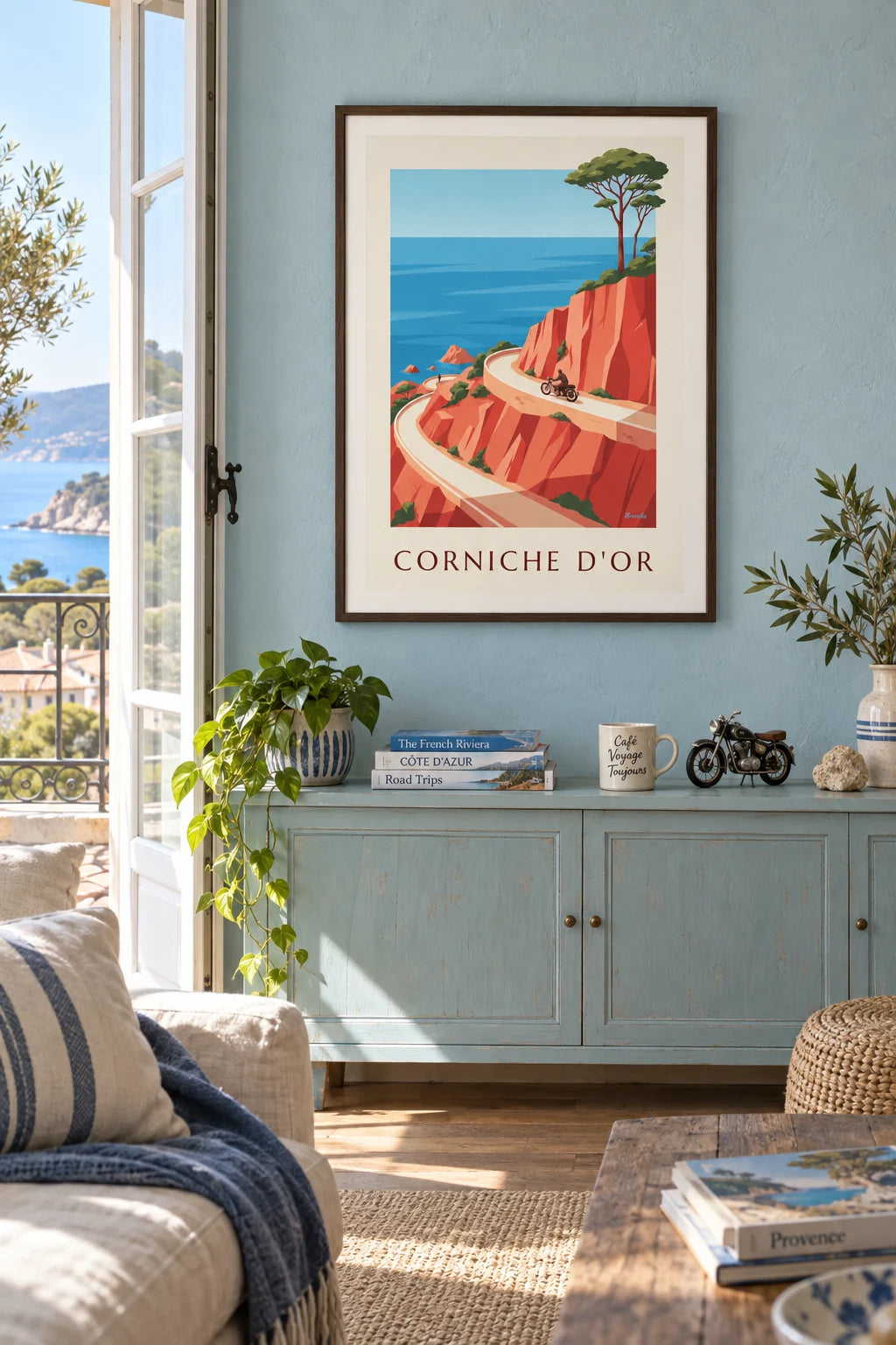 Mise en situation de Affiche moto sur la route de la Corniche d'Or dans l'Estérel