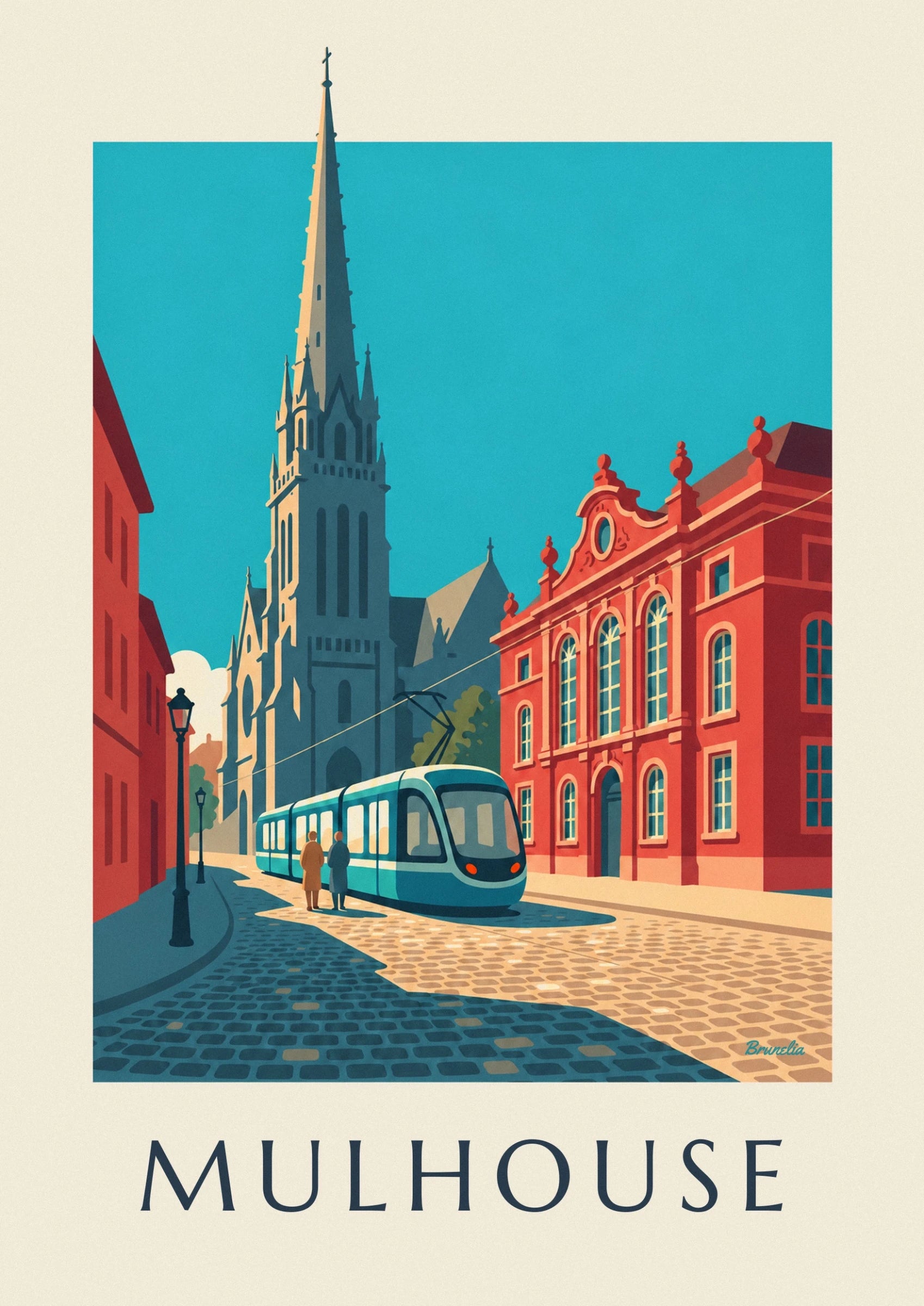 Le tramway turquoise et 2 passants en manteau sur la place pavée de Mulhouse