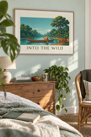 Female explorer in a dugout canoe and jaguar in the Amazon poster: framed on the wall