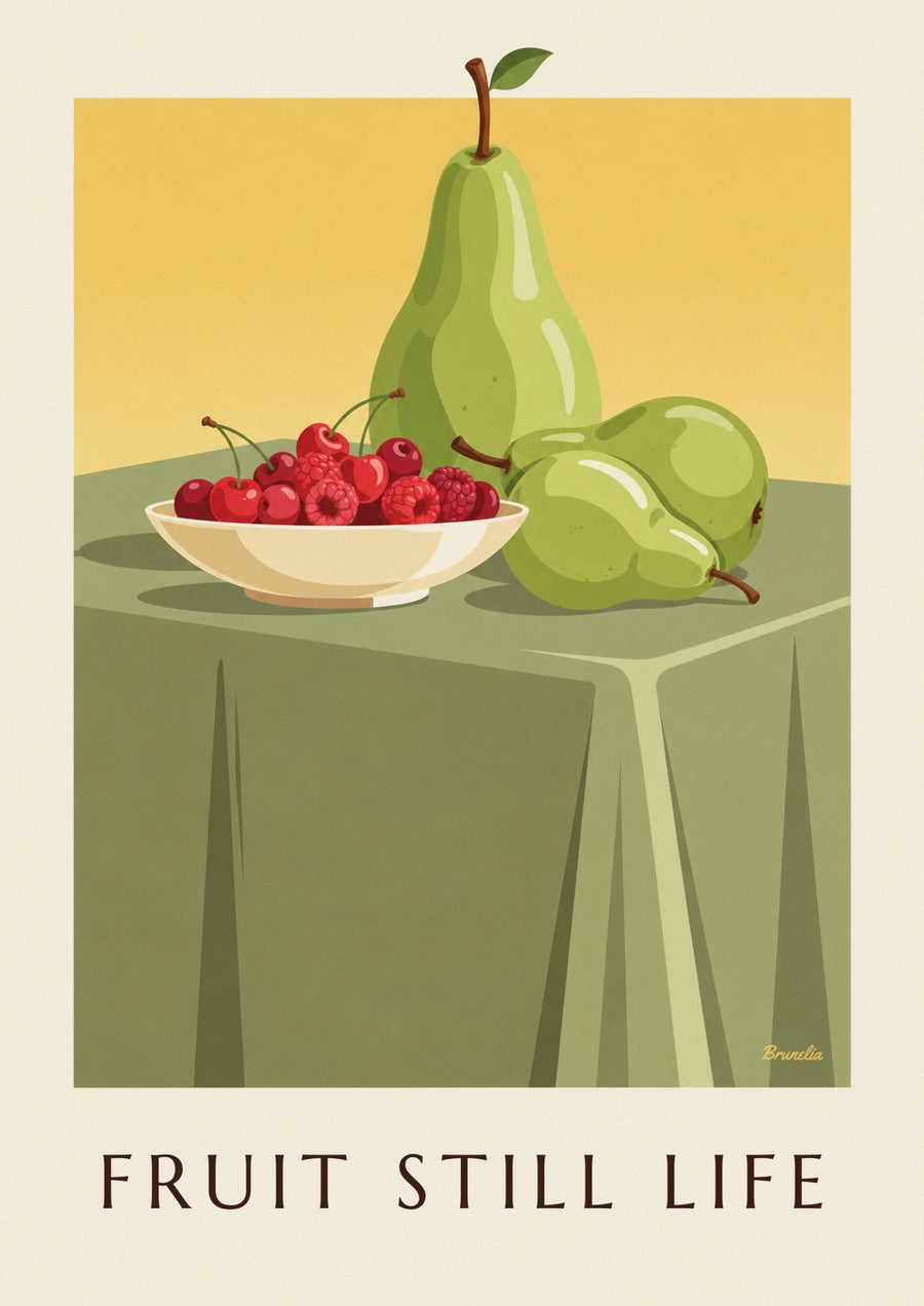 Affiche nature morte, bol de fruits rouges et poires