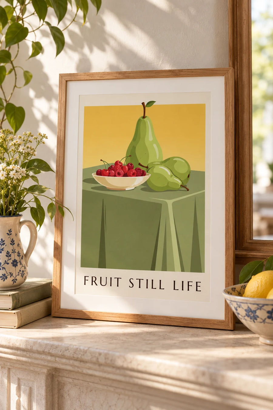 Affiche nature morte, bol de fruits rouges et poires : petit format A4 encadré