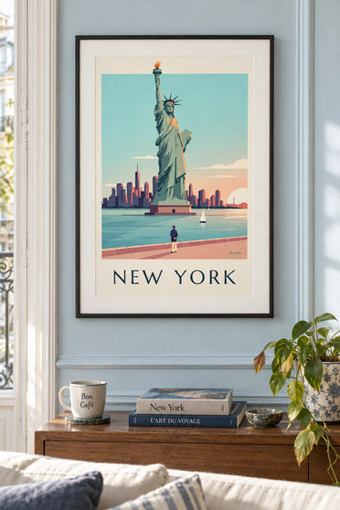 Affiche statue de la Liberté au soleil couchant : encadrée au mur