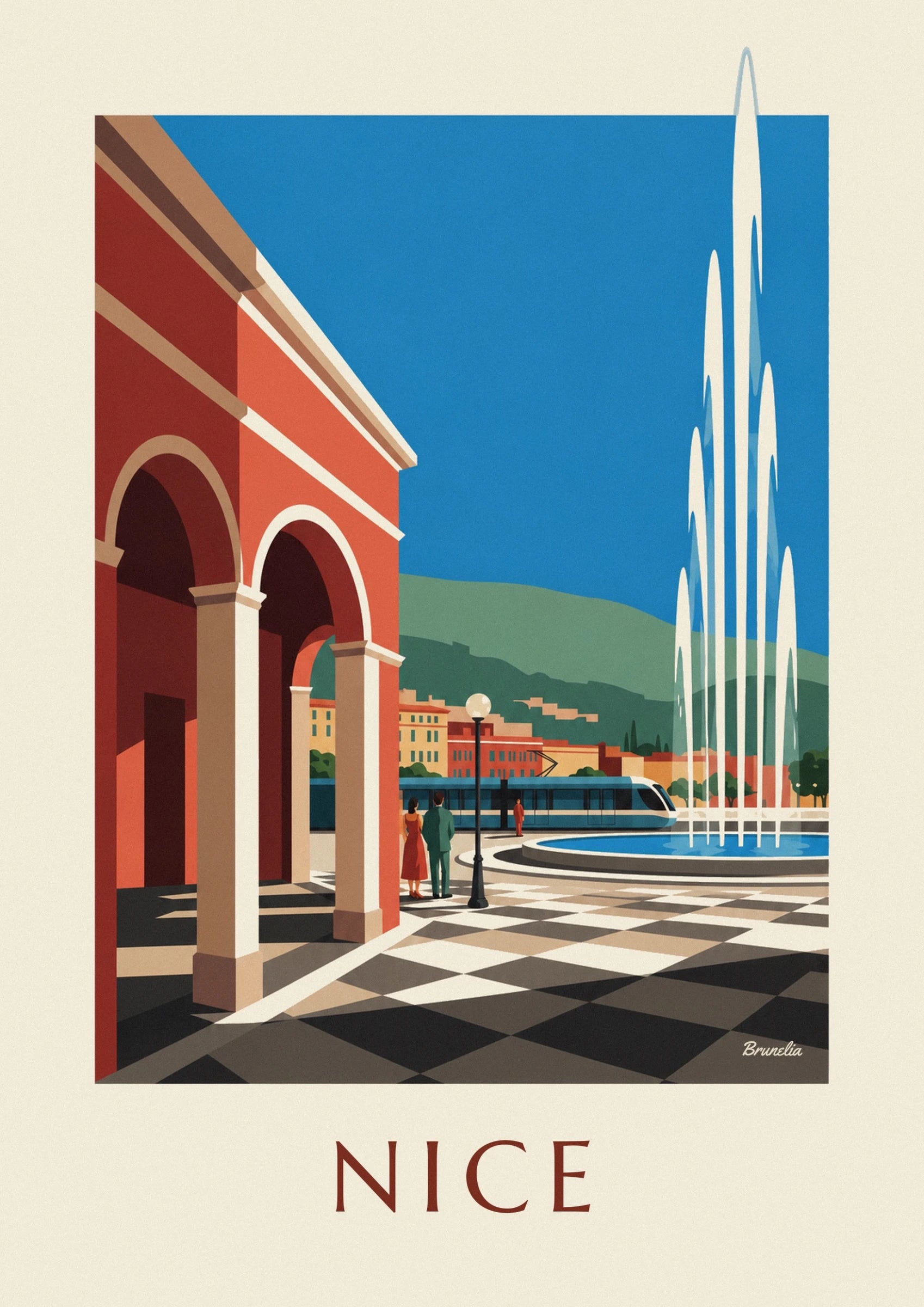 Les grandes arcades rouges bordées de crème de la place Masséna à Nice