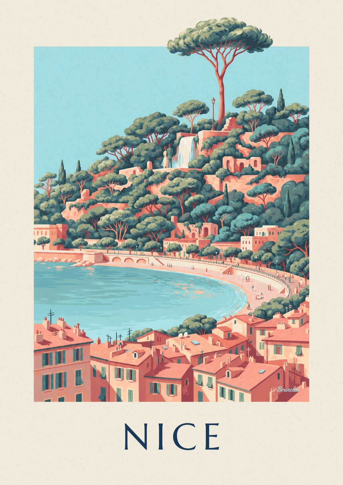 Affiche cascade de la colline du Château et baie des Anges à Nice