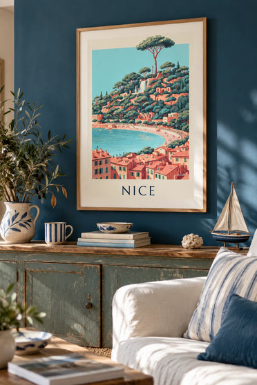 Affiche cascade de la colline du Château et baie des Anges à Nice : encadrée au mur