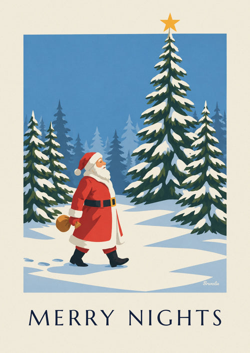 Affiche Père Noël dans une forêt de sapins enneigés sous l'étoile : l'affiche entière