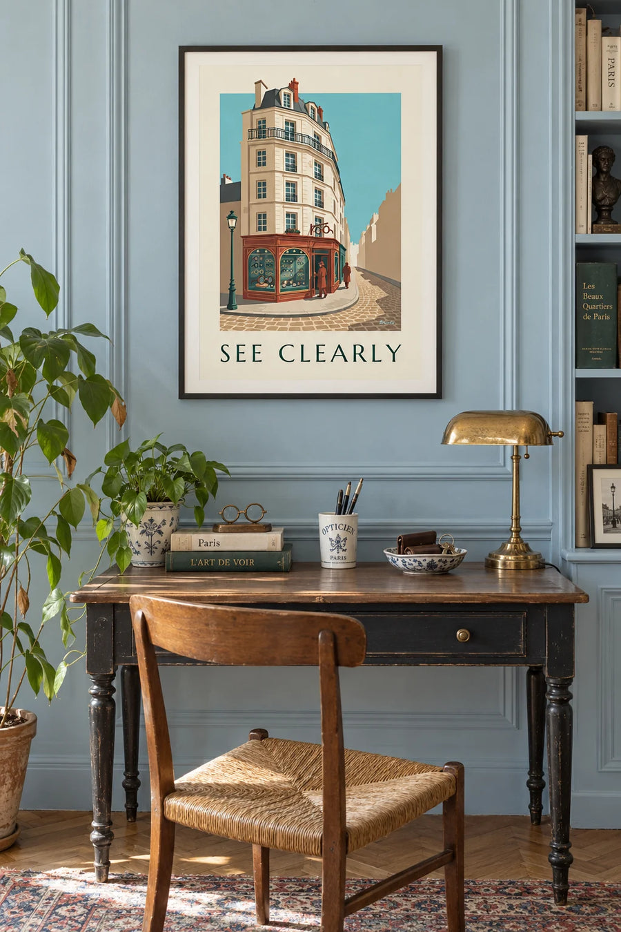 Affiche vitrine de lunettes d'un ancien cabinet d'ophtalmologie : encadrée au mur