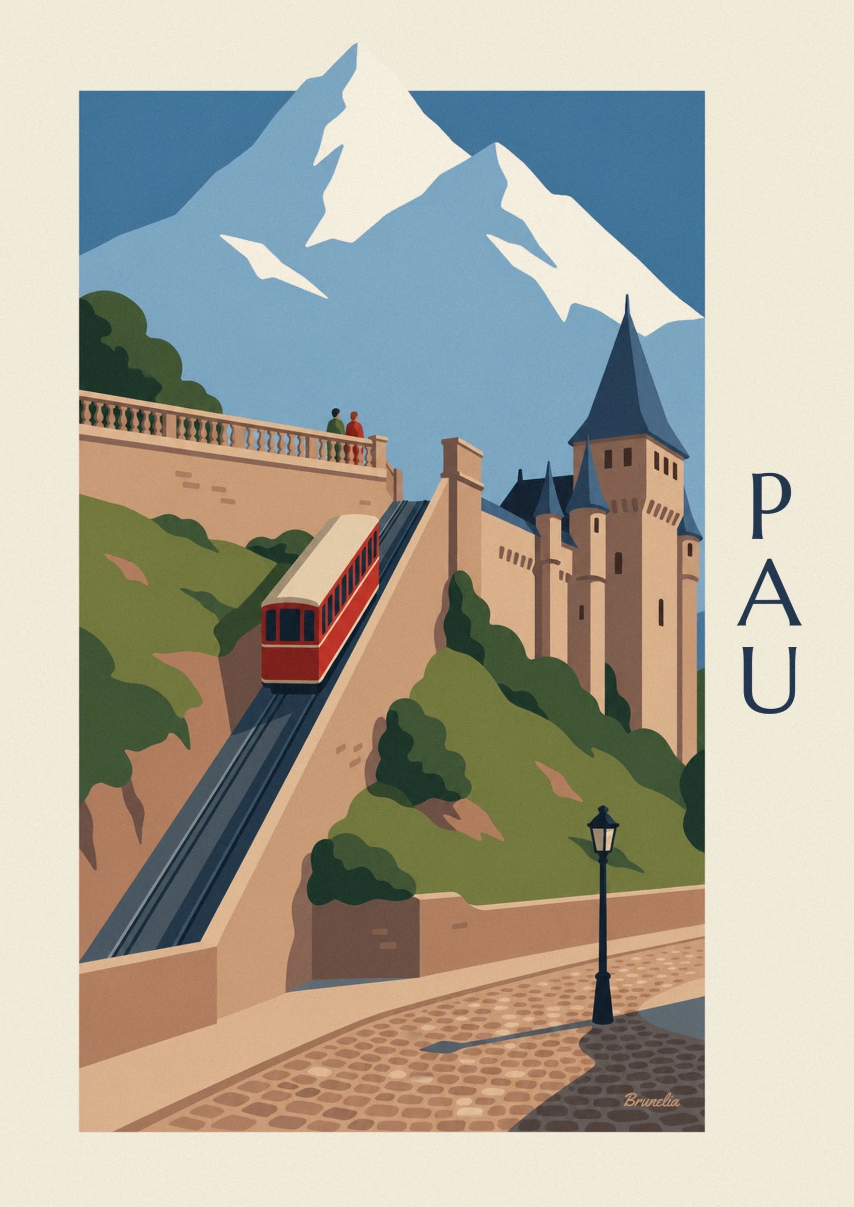 Le funiculaire rouge au toit crème sur ses rails entre les murs ocres