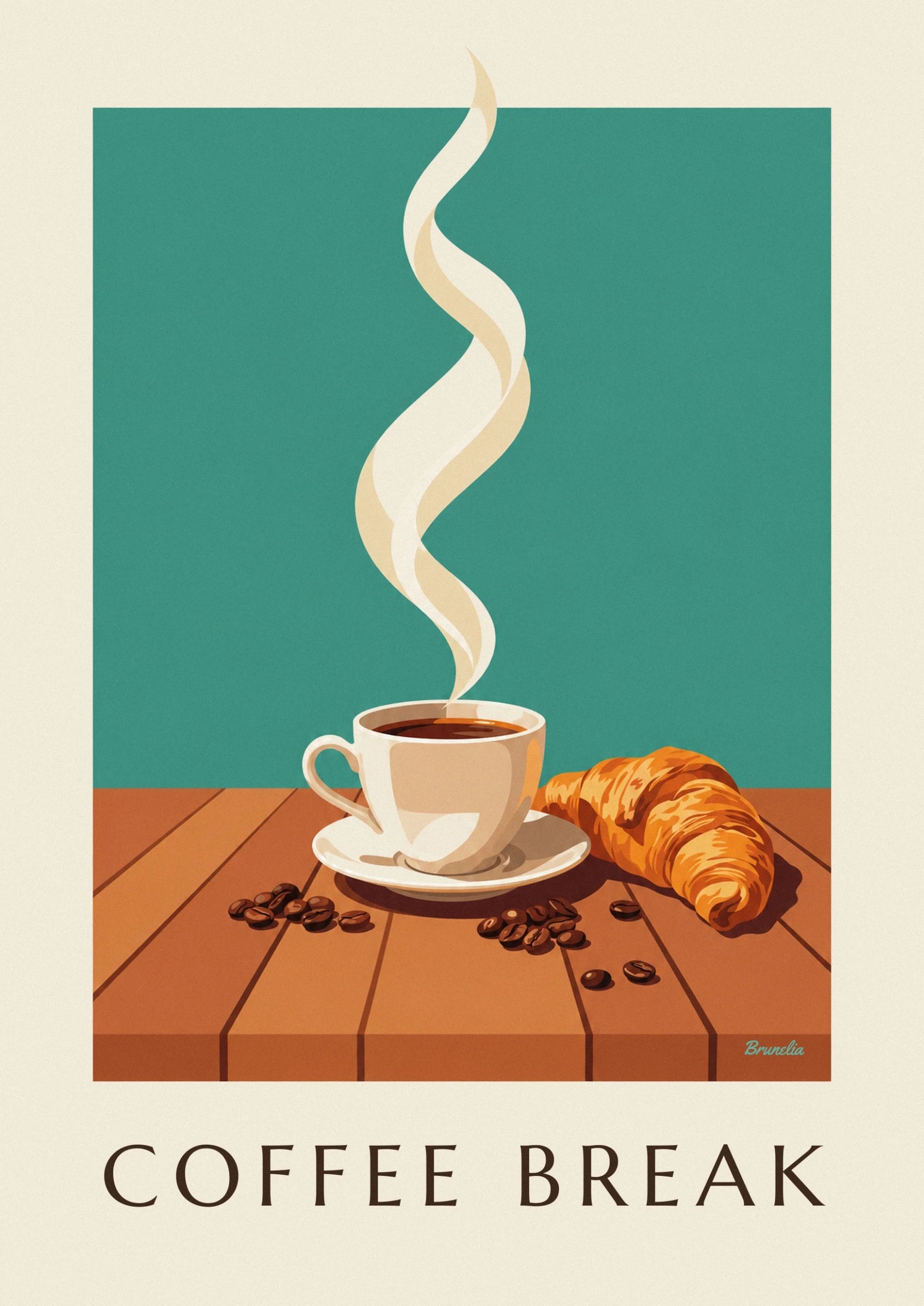 Une tasse de café fumant sur sa soucoupe crème, entourée de grains sur le bois