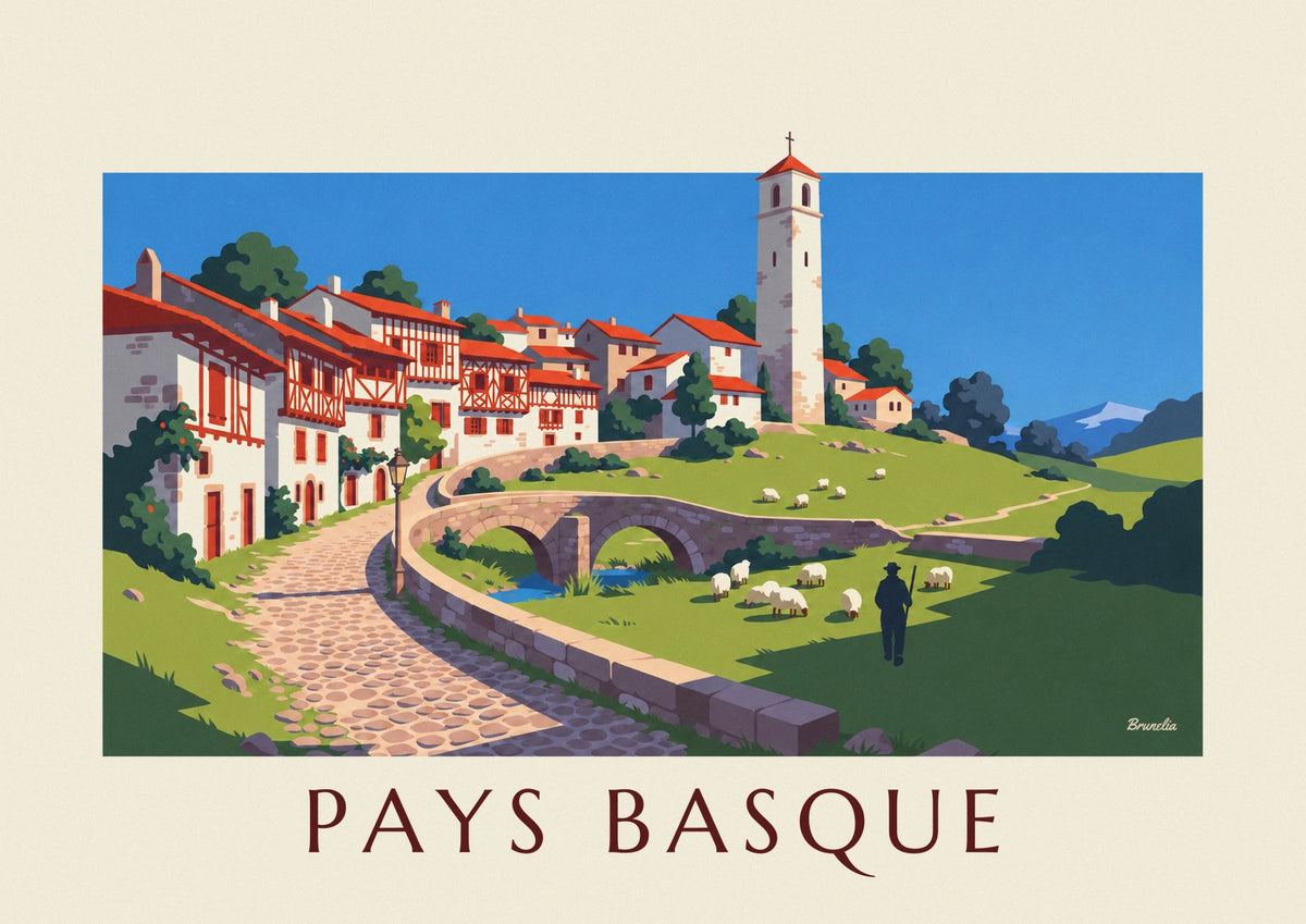 Affiche village basque, maisons à colombages et moutons