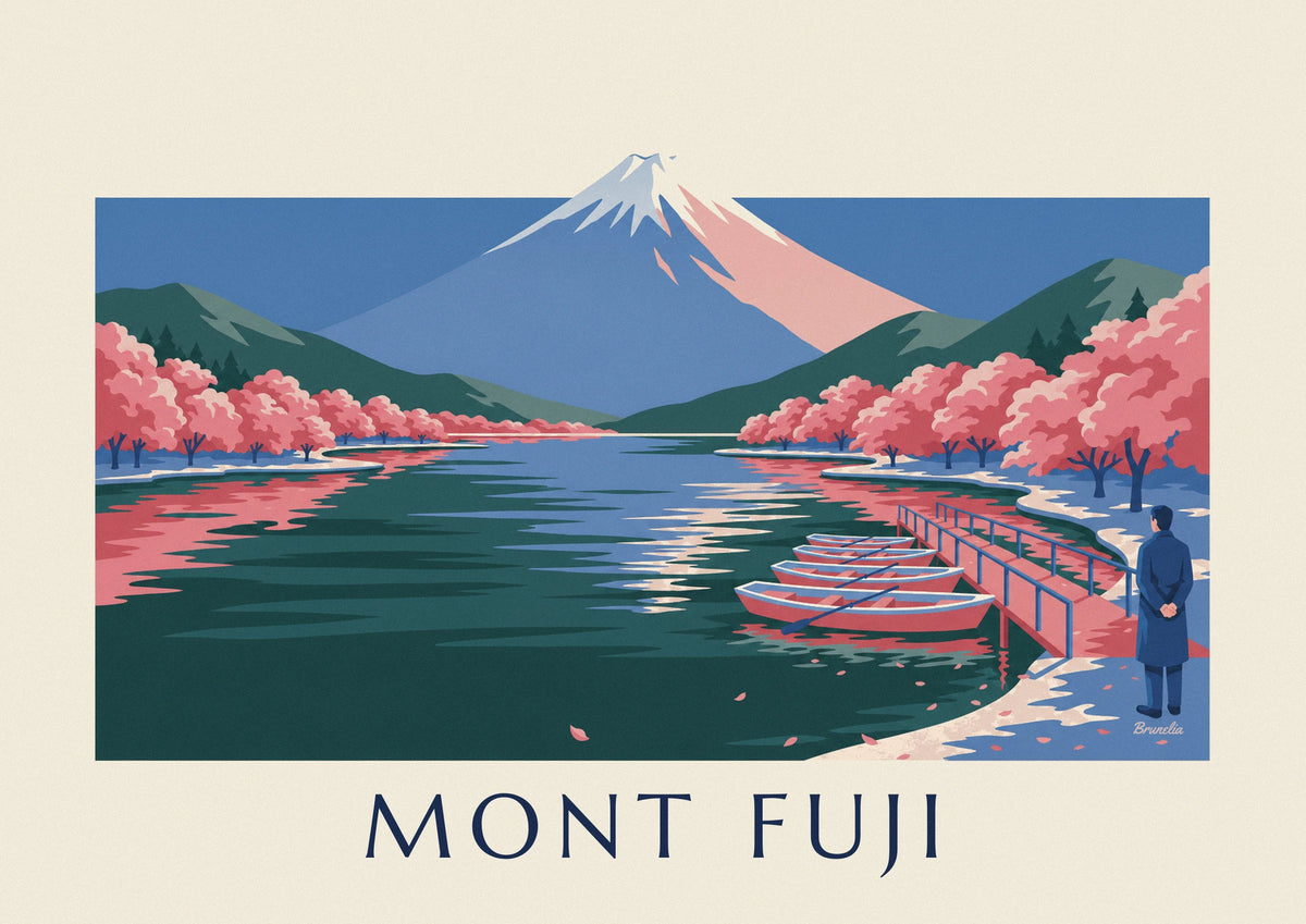 Affiche mont Fuji, cerisiers en fleurs et barques au ponton