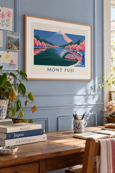 Poster of Mount Fuji, cherry blossoms and boats at the pier: framed on the wall