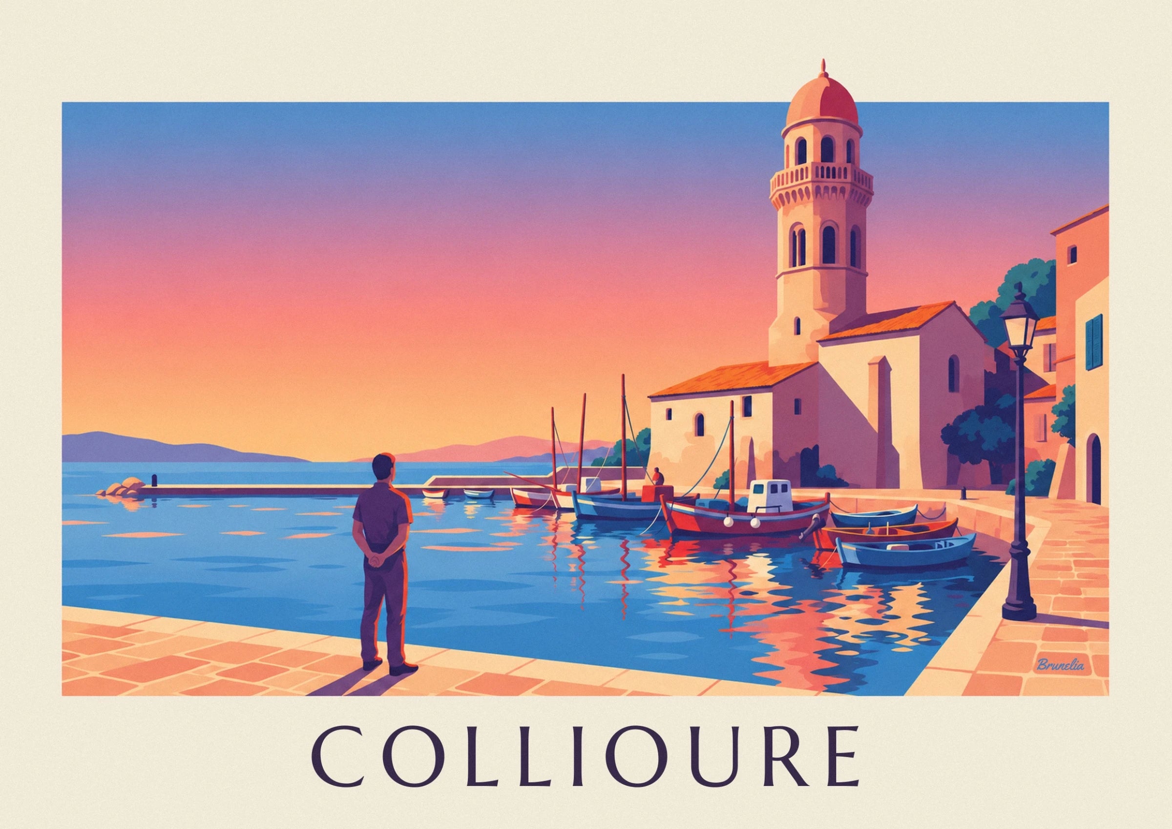 The bell tower of Collioure, with golden façades and orange roofs against a pink sky