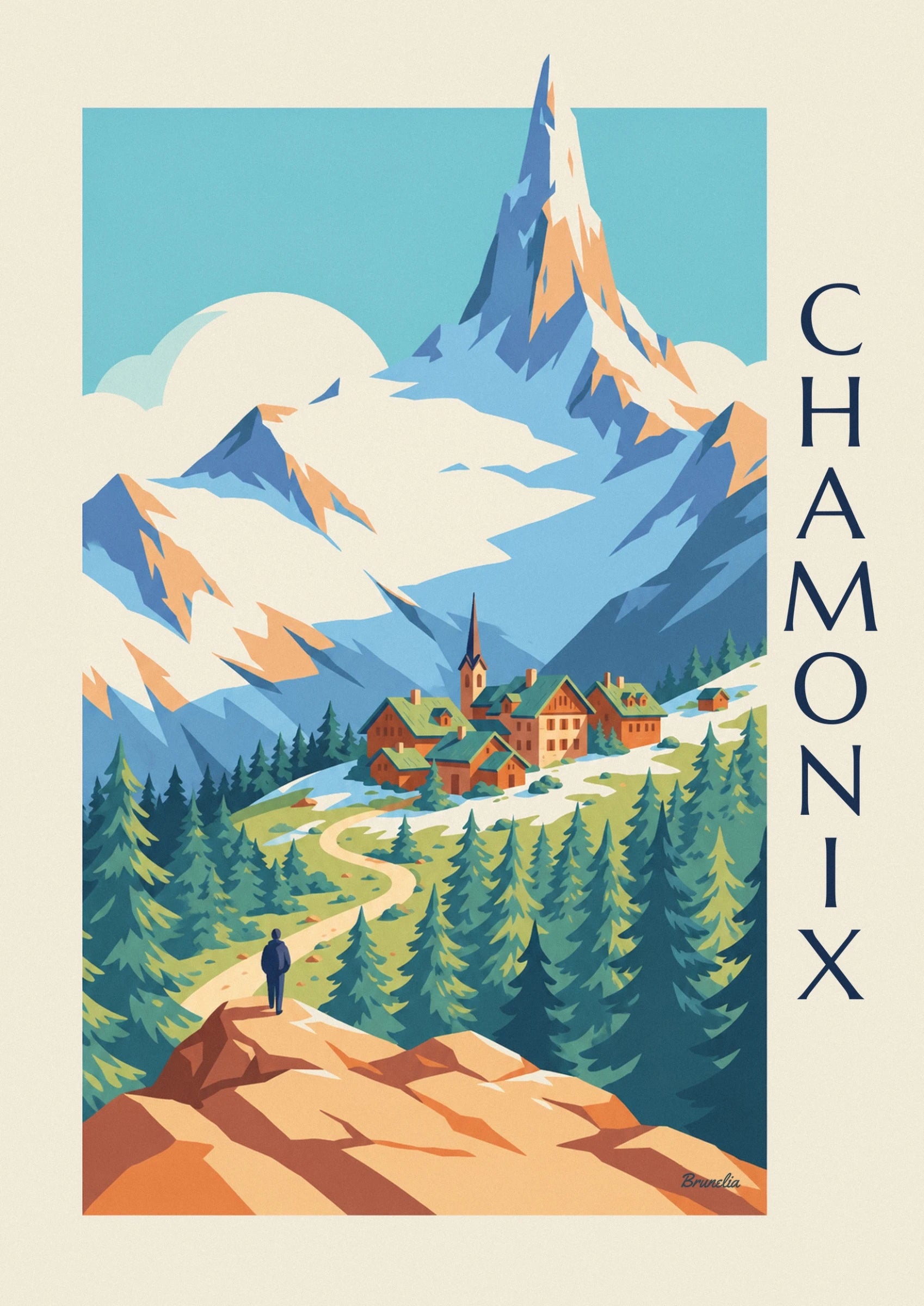 Le village de chalets aux toits verts et son clocher, au bord de la rivière