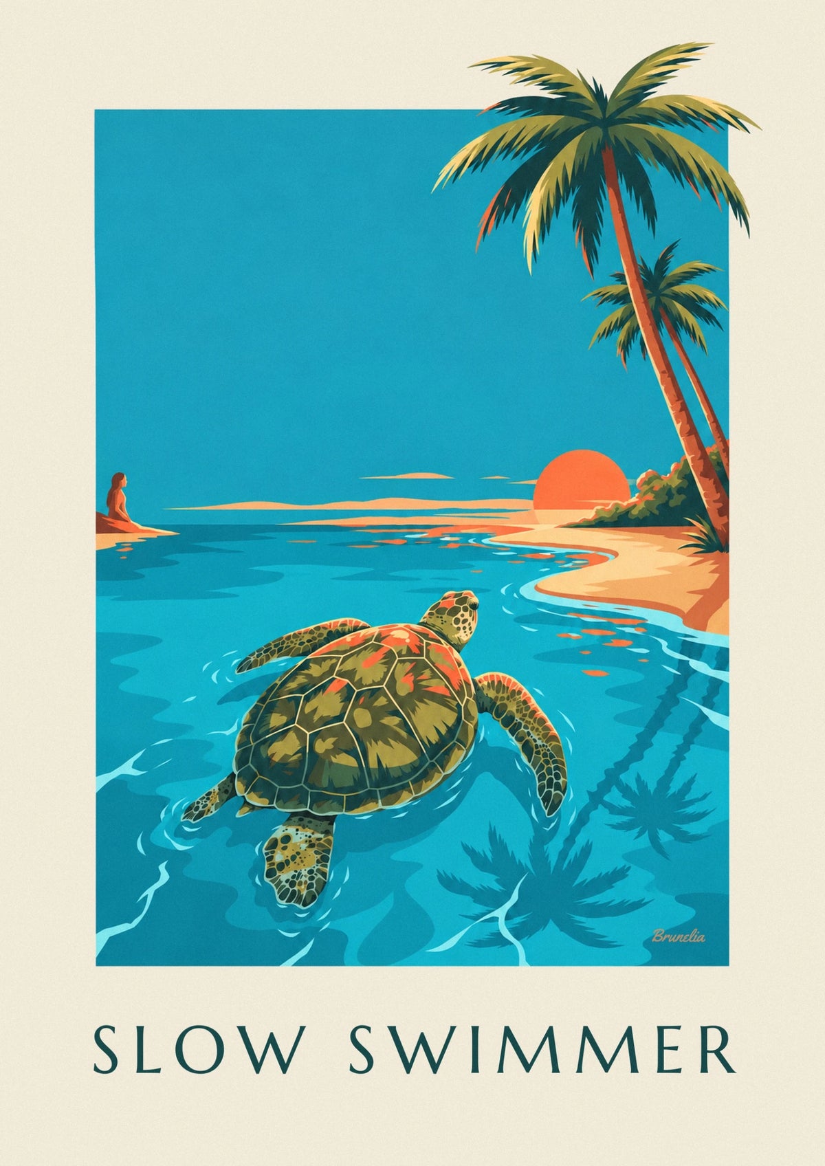 Sea turtle swimming in turquoise water at sunset poster