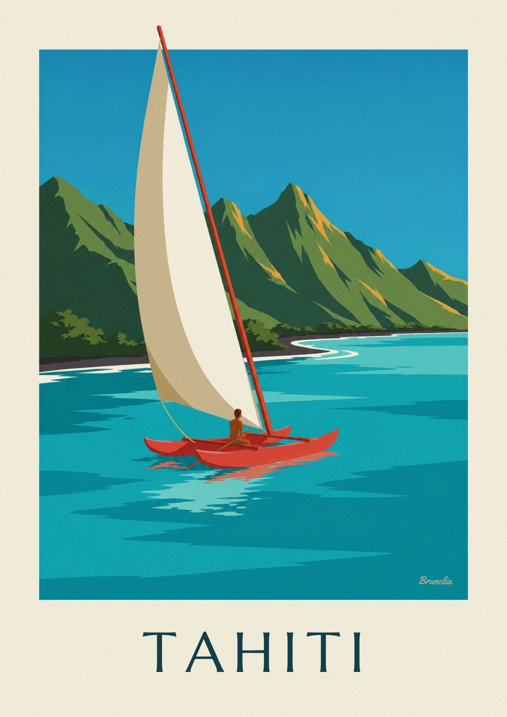 La grande voile crème et son mât rouge devant les montagnes vertes de Tahiti