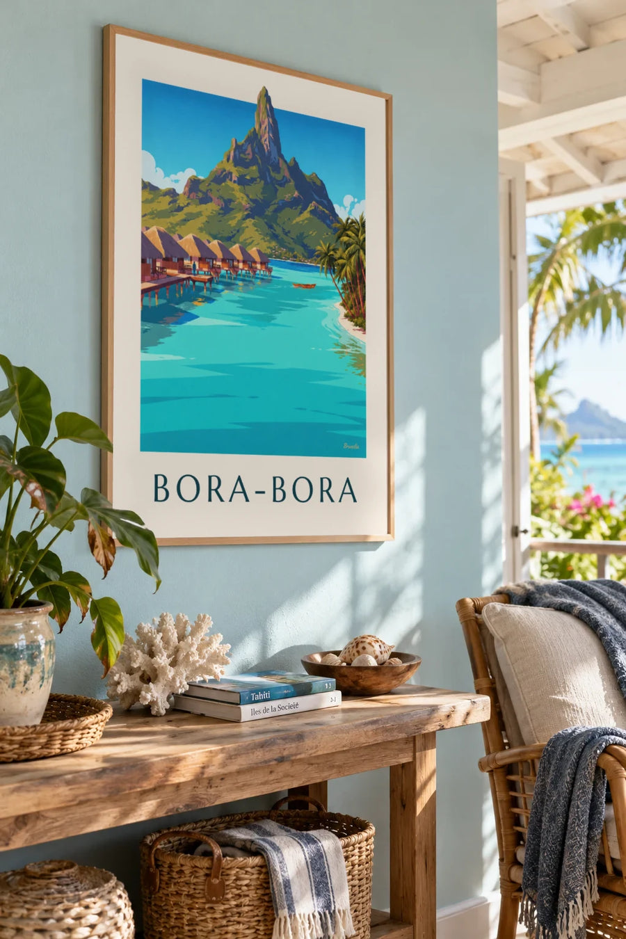 Poster of the Bora-Bora lagoon, bungalows and Mount Otemanu: framed on the wall
