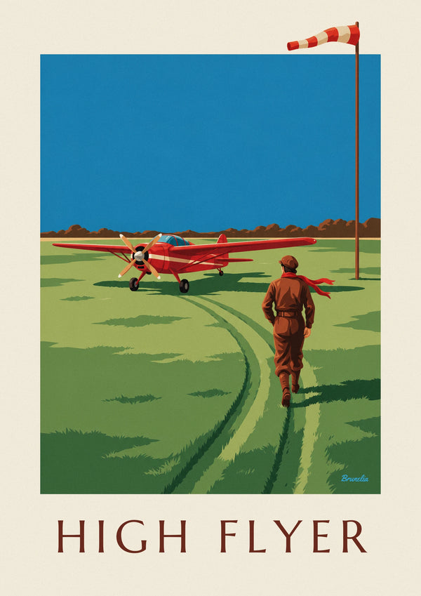 Aviator and red propeller plane on a grass airstrip poster