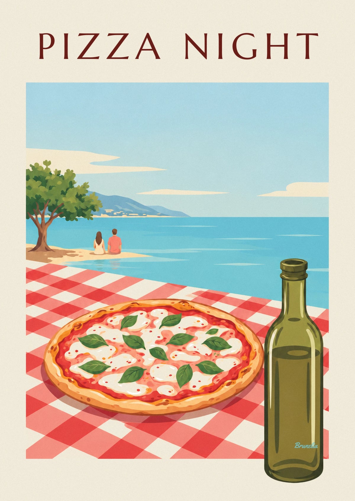 Mozzarella and basil pizza on checkered tablecloth poster