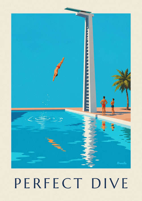 Affiche plongeur en plein plongeon au-dessus d’une piscine : l'affiche entière