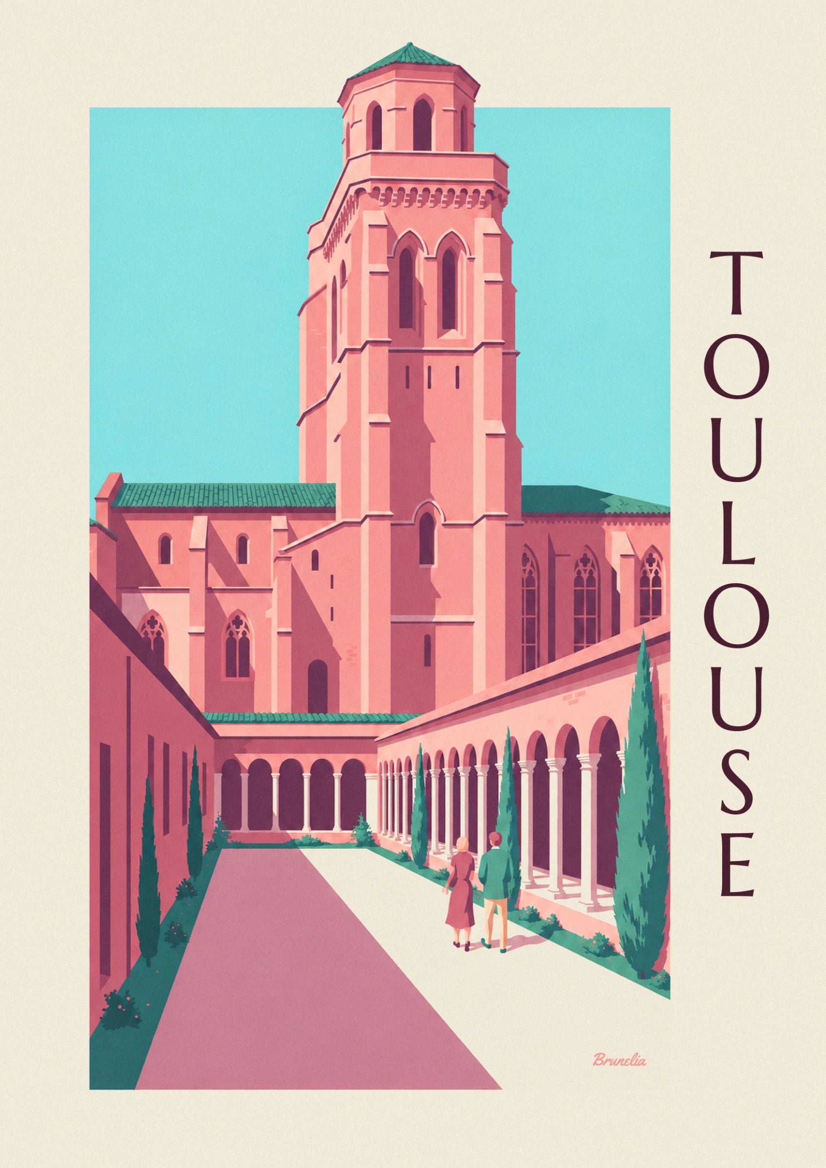 The pink bell tower of couvent des Jacobins with its tall openings and green roof