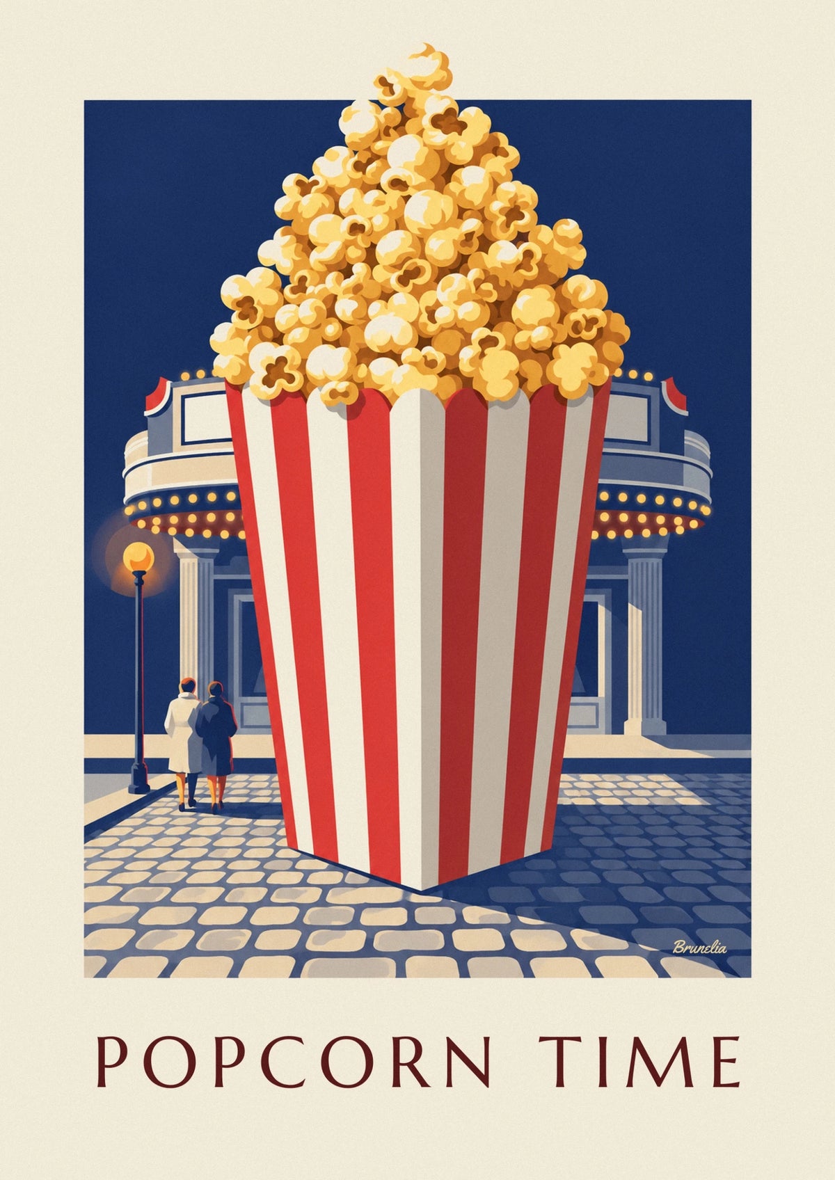 Hot red and white striped popcorn bucket in front of the cinema poster
