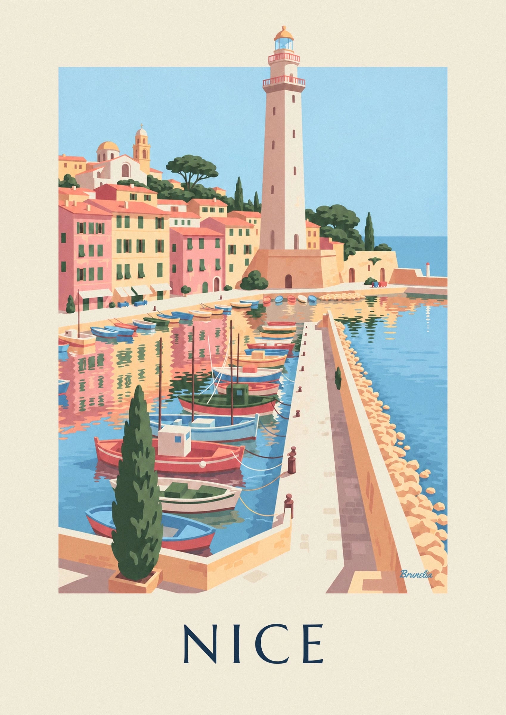 Le phare élancé aux balcons roses, entre façades pastel et pins parasols