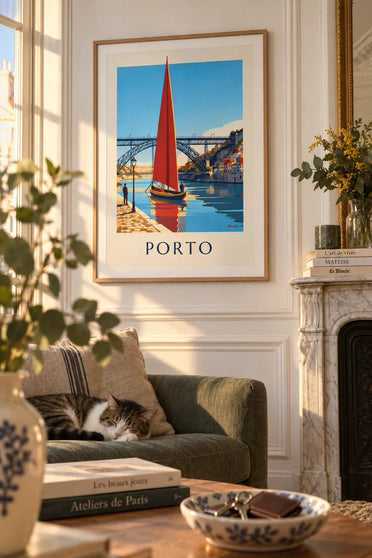Affiche pont Dom Luís et bateau rabelo sur le Douro à Porto : encadrée au mur