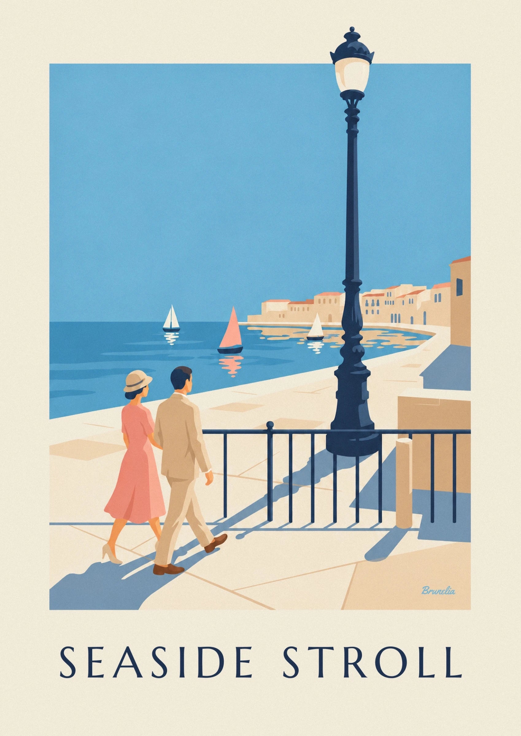 The couple in a coral dress and a beige suit strolling along the sunny quay