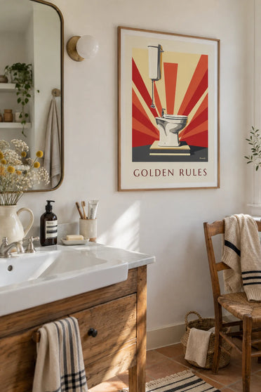 Affiche toilettes blanches sous les projecteurs, règles d'or : encadrée au mur