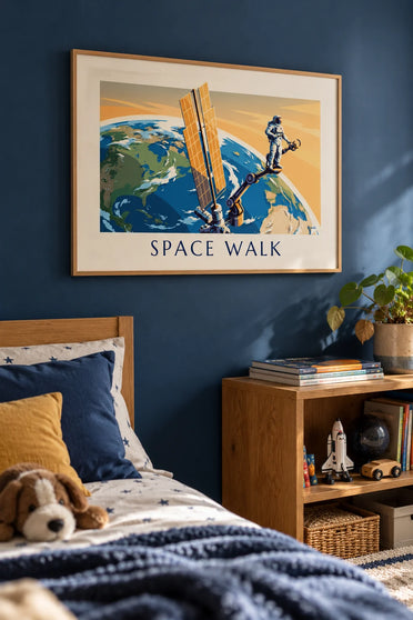 Affiche astronaute sur le bras robotique d'une station spatiale : encadrée au mur