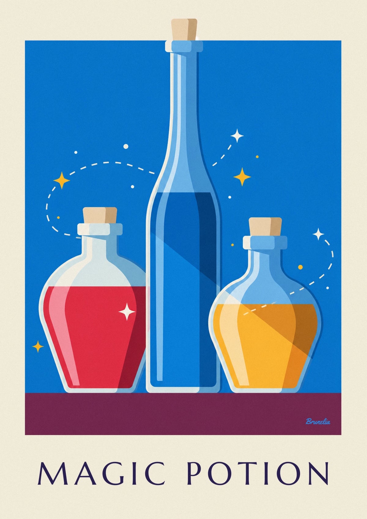 Magic potion glass bottles on a shelf poster