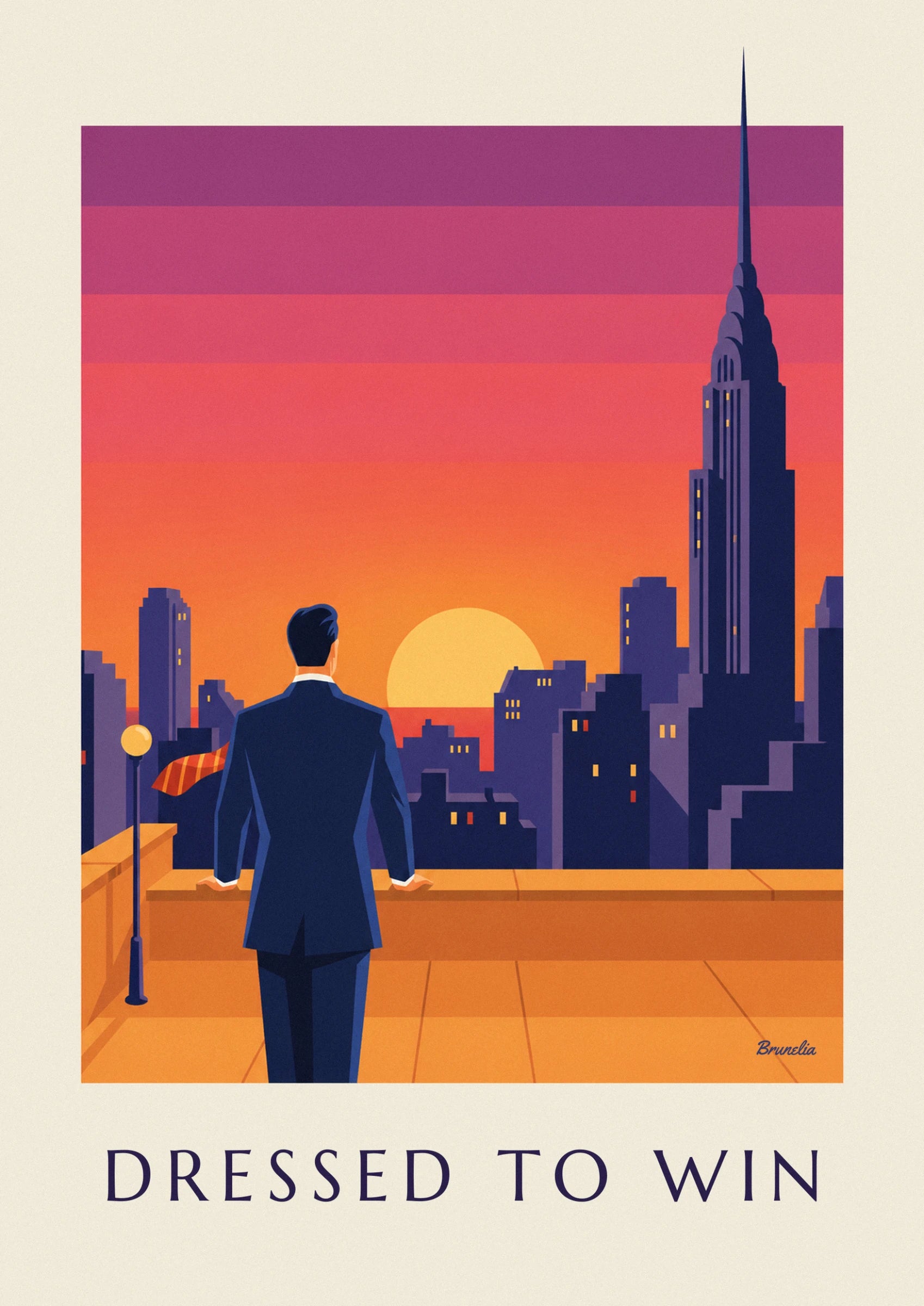 The businessman in a navy suit seen from behind, orange striped tie blowing in the wind, hands on the low wall