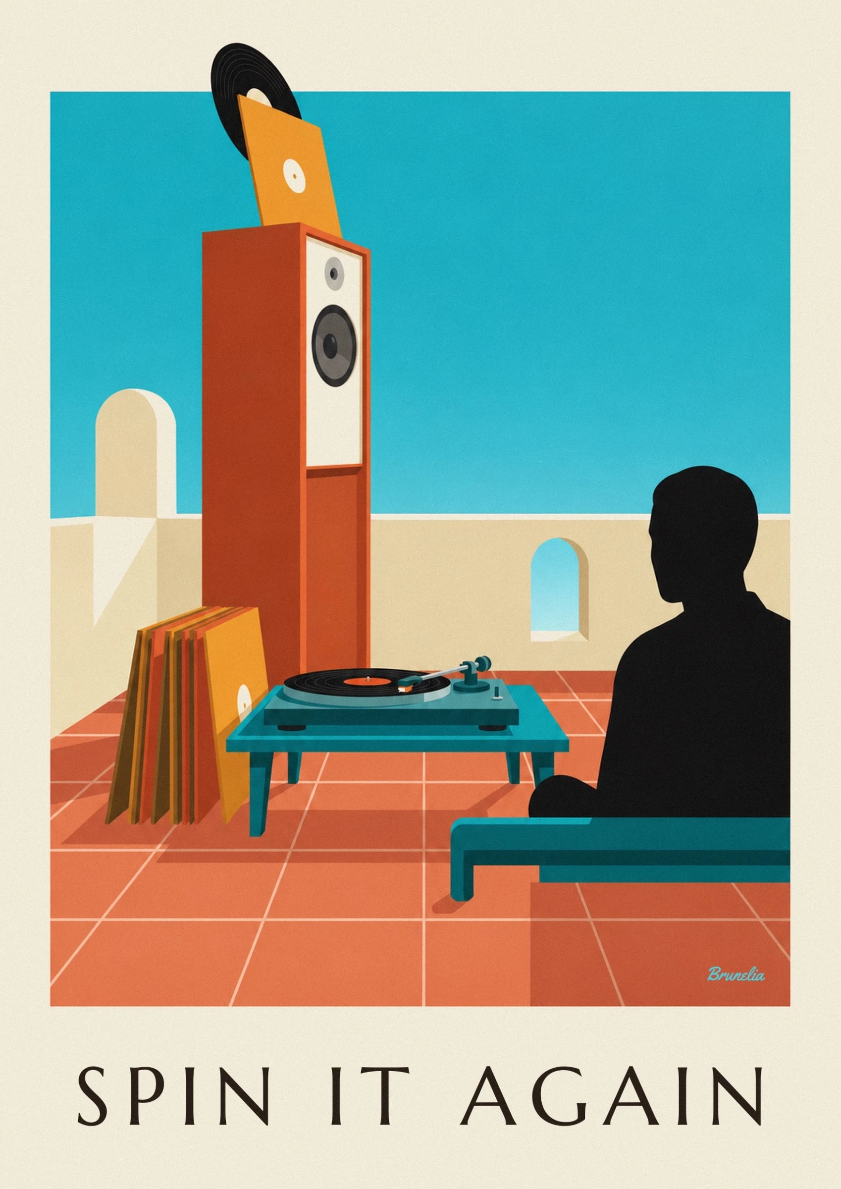 Affiche tourne-disque et vinyle en rotation : détail en gros plan