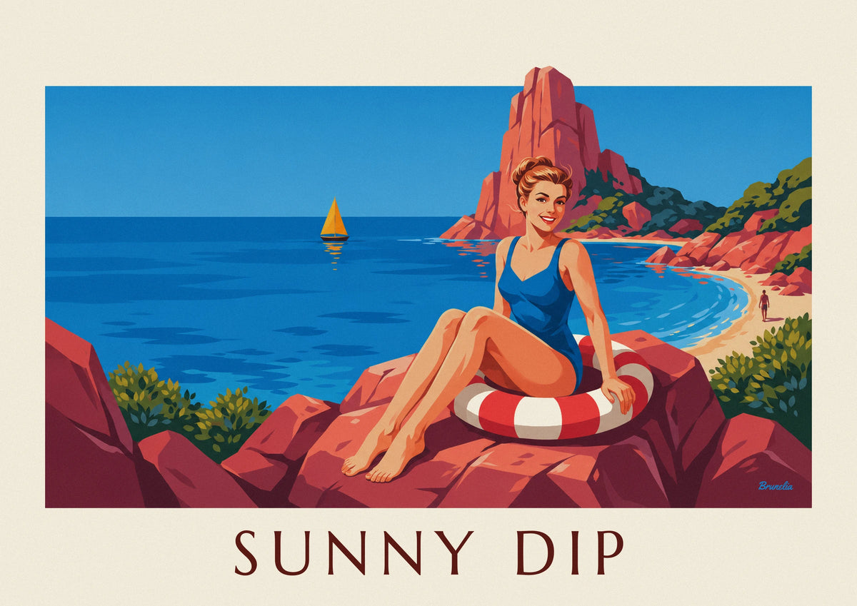 Affiche pin-up en maillot bleu sur des rochers rouges face à la mer