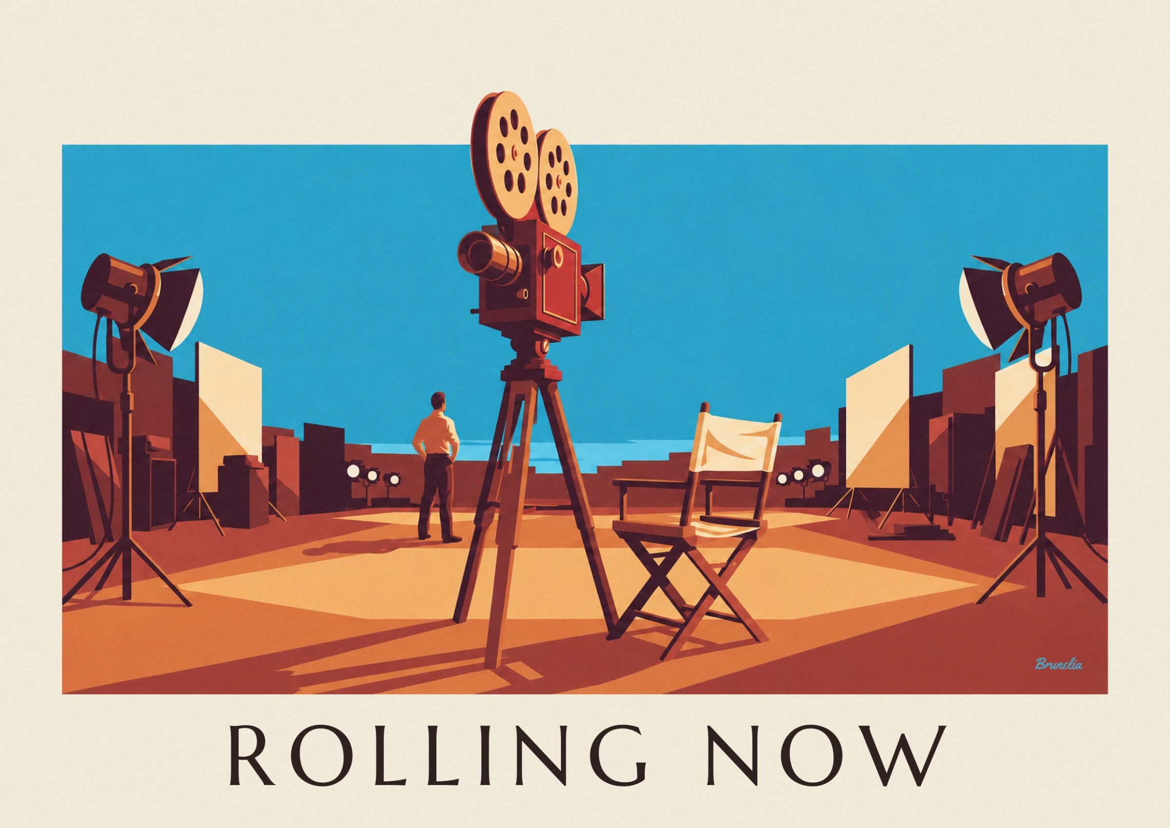 The camera with 2 reels on its wooden tripod, a man seen from behind and a director's chair