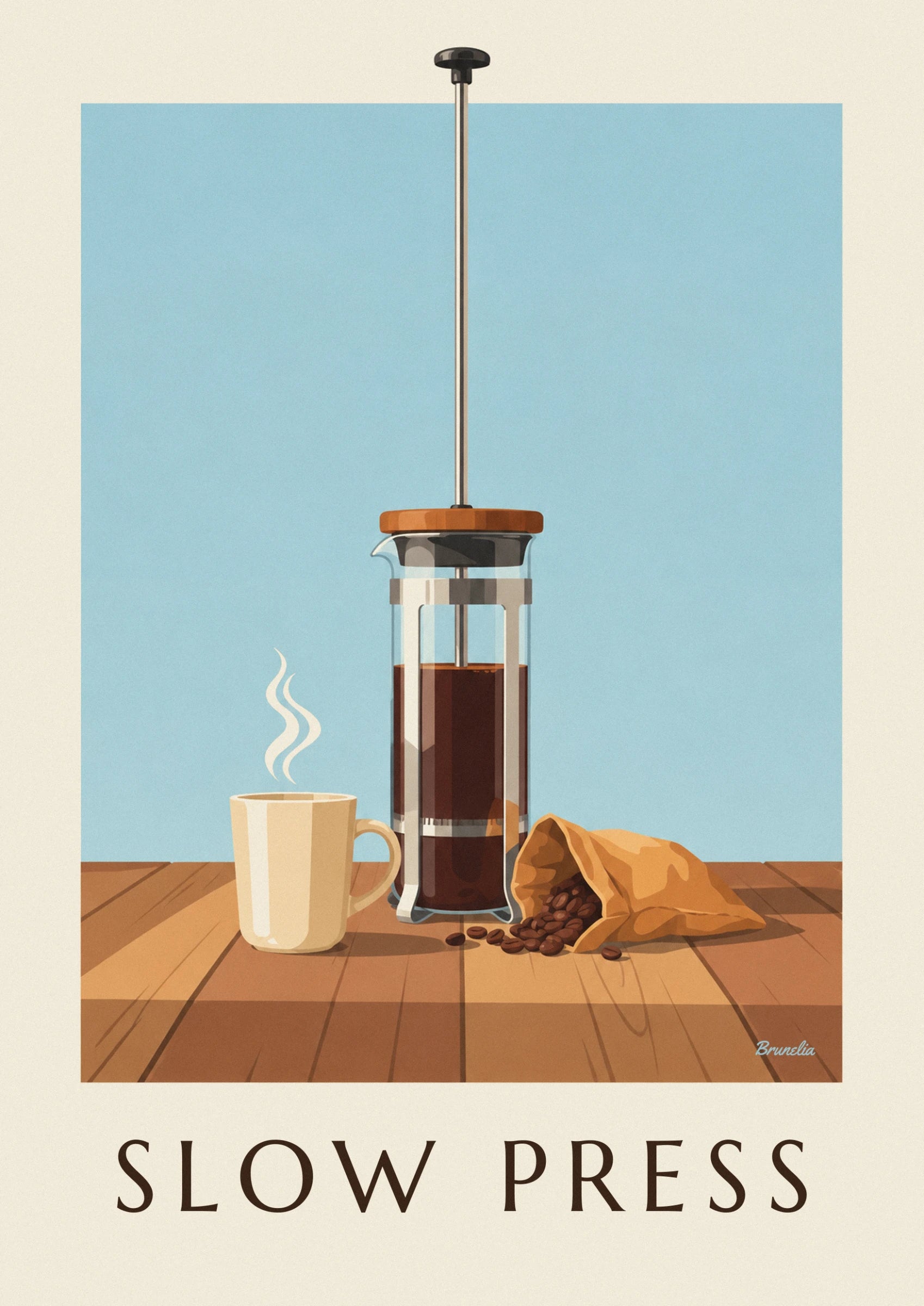 The brown coffee in the glass body of the cafetière, between its metal supports