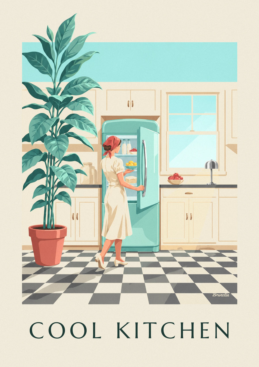 Rounded mint green refrigerator in a kitchen poster