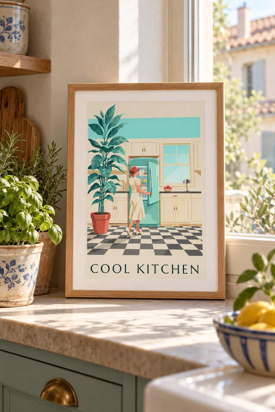 Affiche réfrigérateur arrondi vert menthe dans une cuisine : petit format A4 encadré