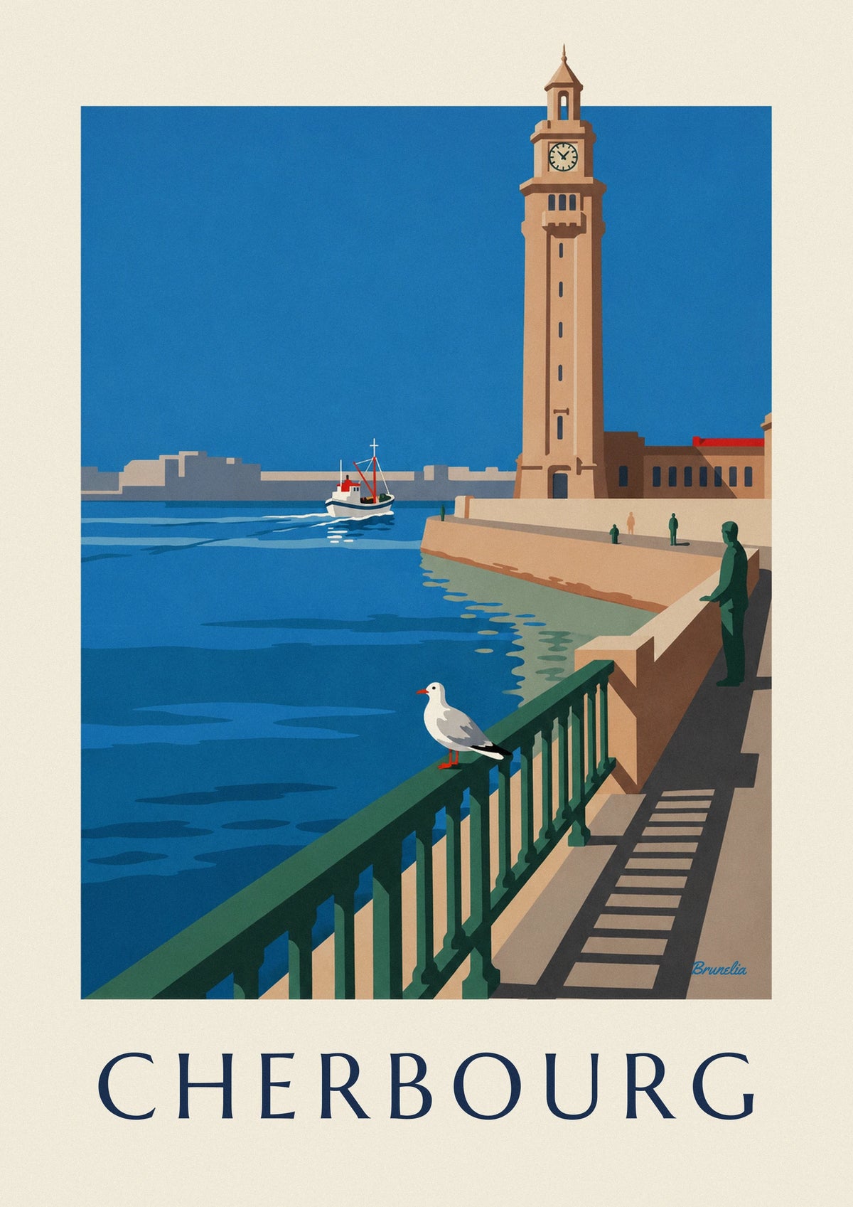 Affiche mouette et tour de l'horloge de la gare maritime de Cherbourg