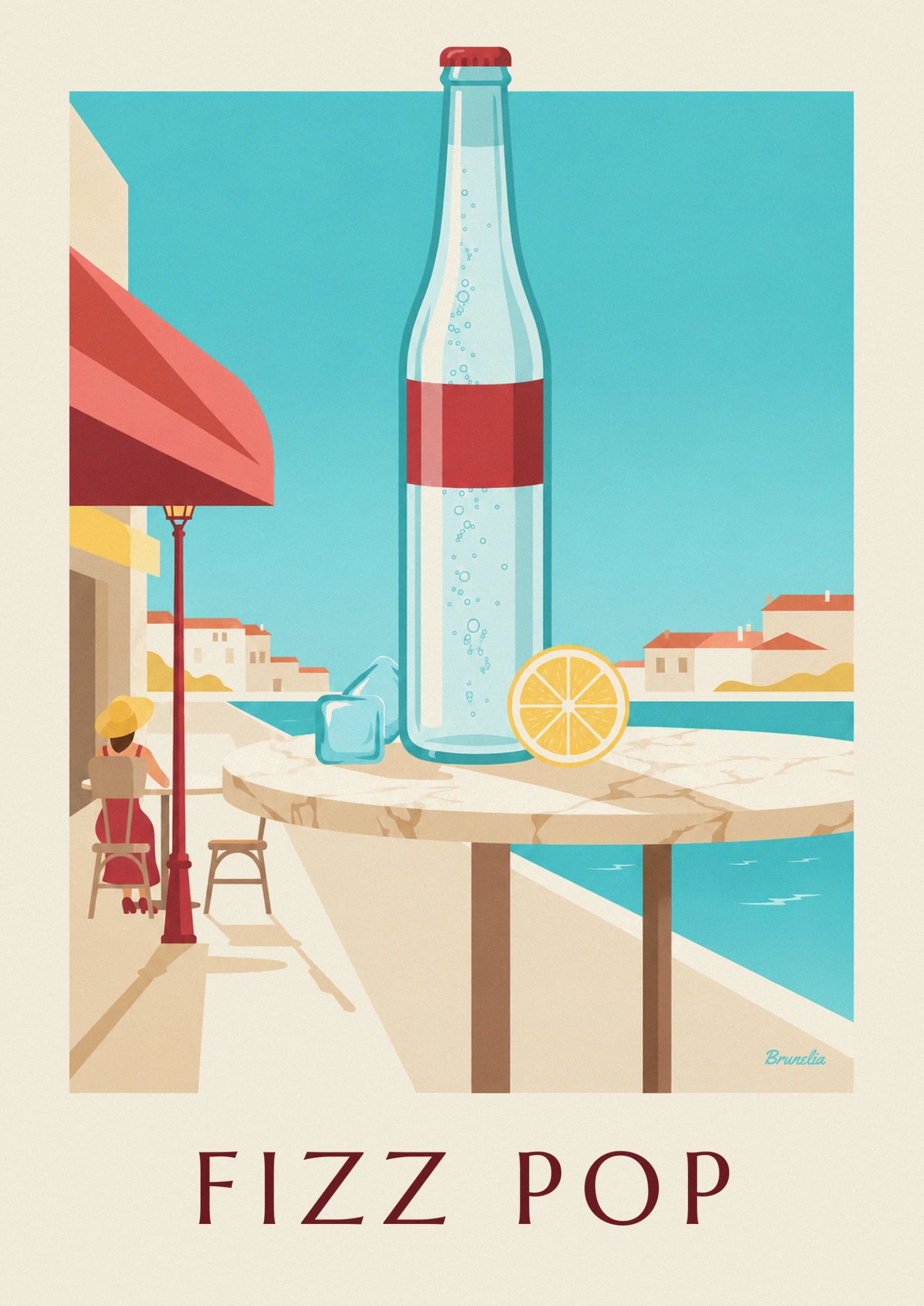 The bottle with fine bubbles and a broad red label against a turquoise background