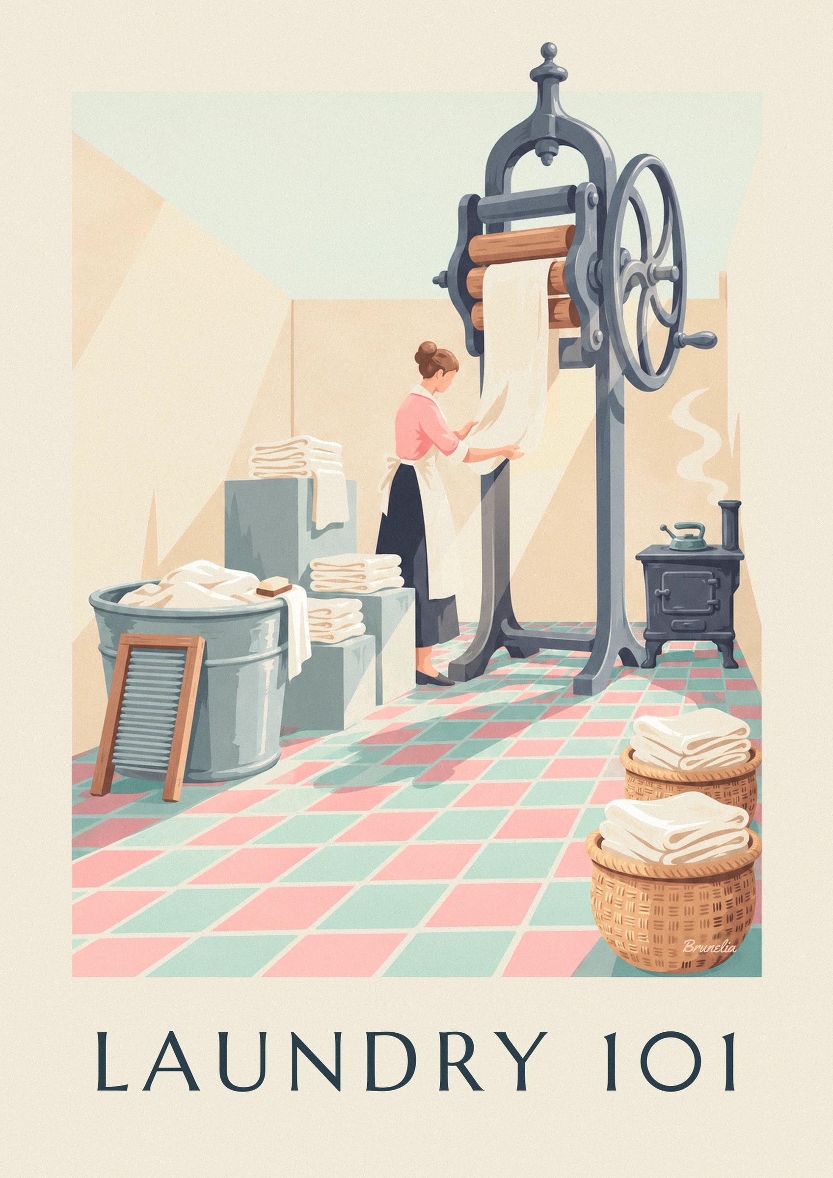 The washerwoman in a pink blouse and white apron feeding laundry through the wringer