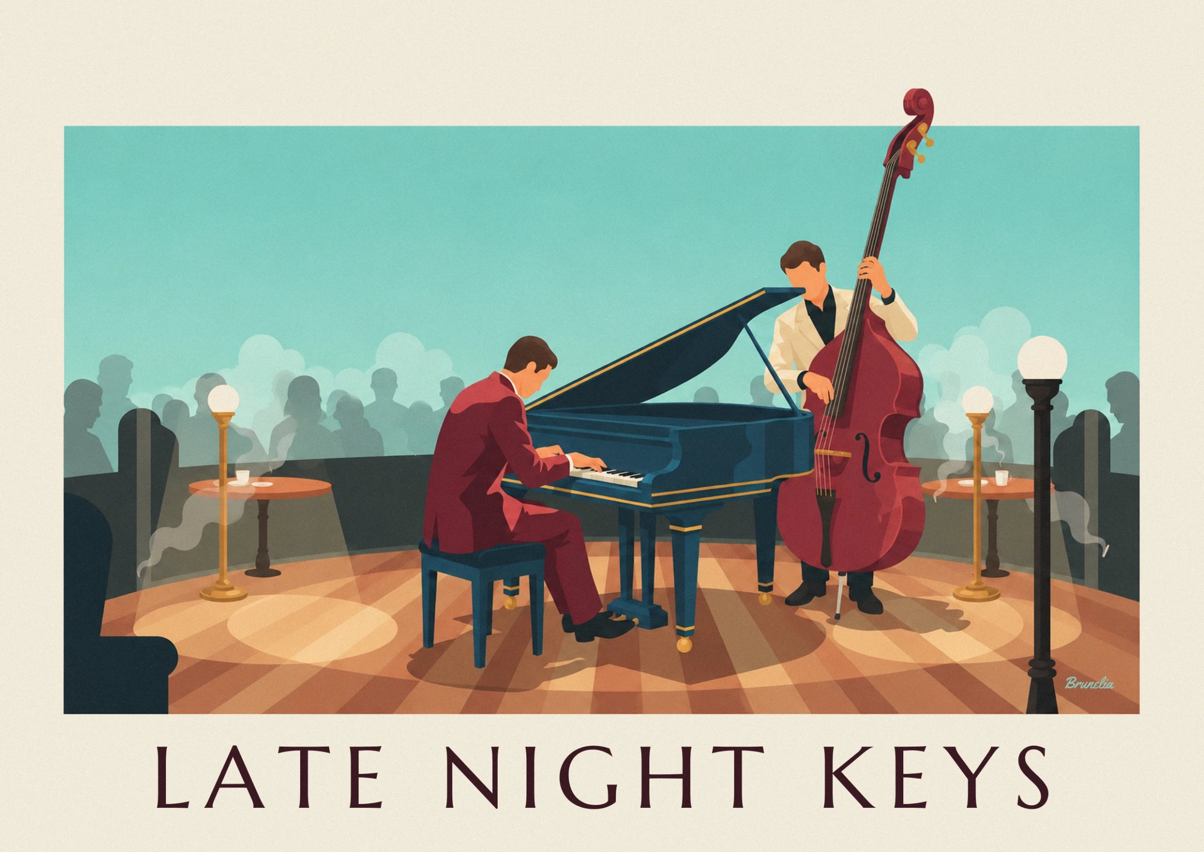 The pianist in a burgundy suit leaning over his midnight blue grand piano on the wooden stage floor