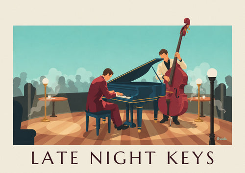 Poster of a pianist at a grand piano in a jazz club: the full poster