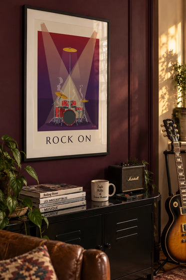 Affiche batterie de rock sur scène sous les projecteurs : encadrée au mur