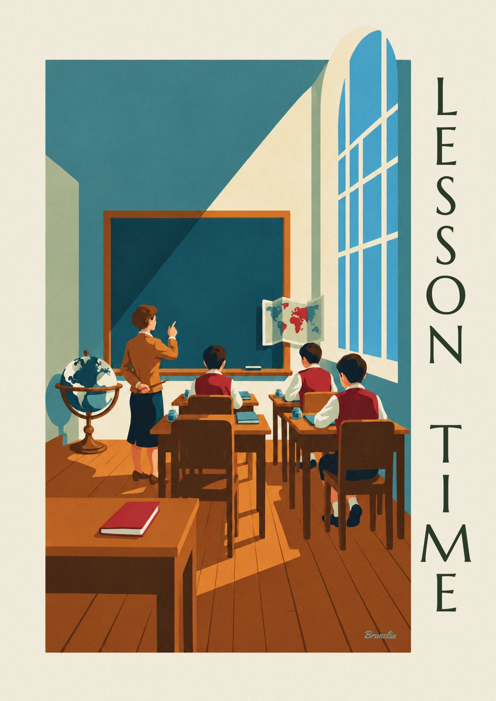The teacher in a copper-coloured jacket, pointer behind her back, in front of the blackboard and globe