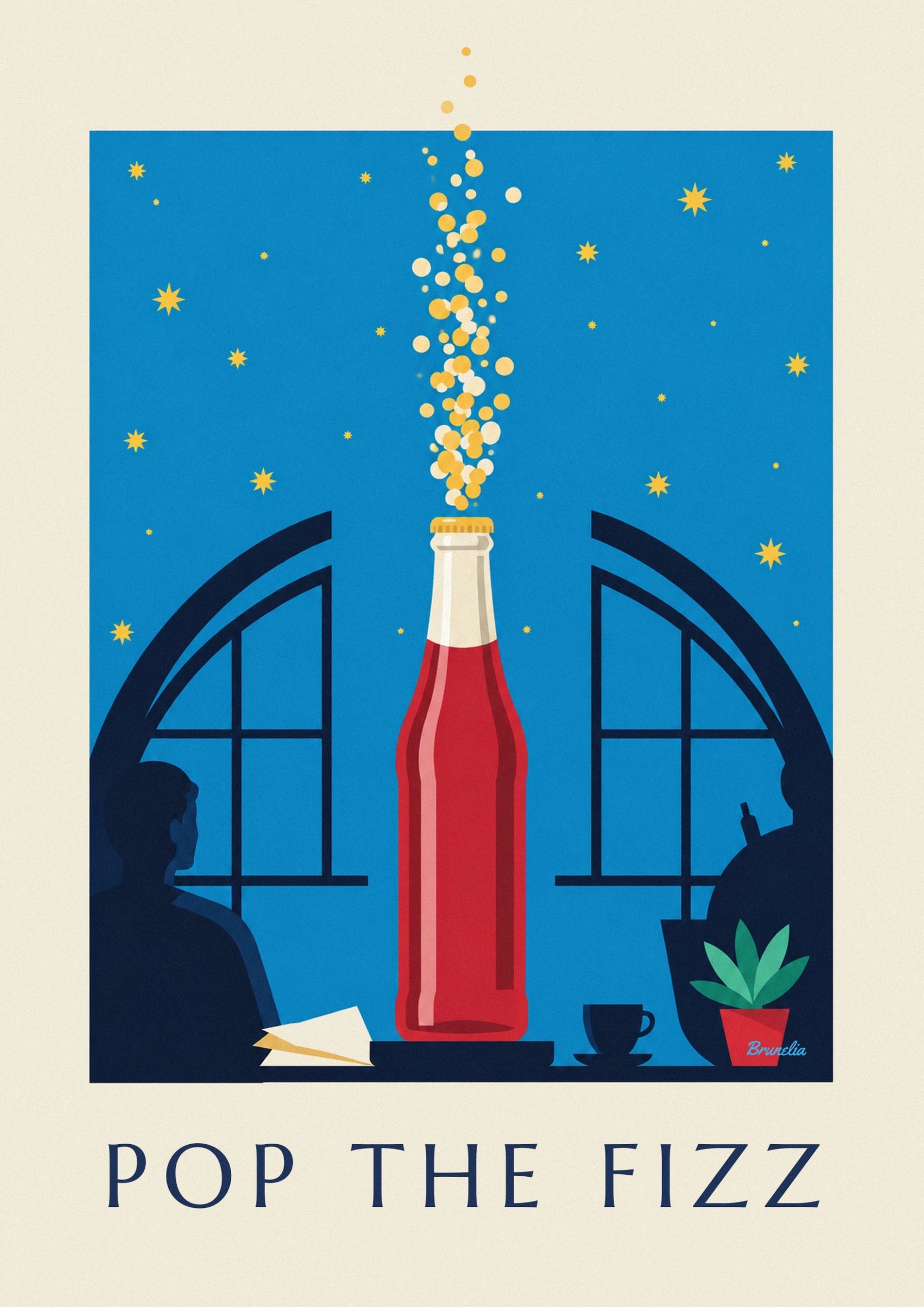 Sparkling soda bottle and starry sky poster: close-up detail