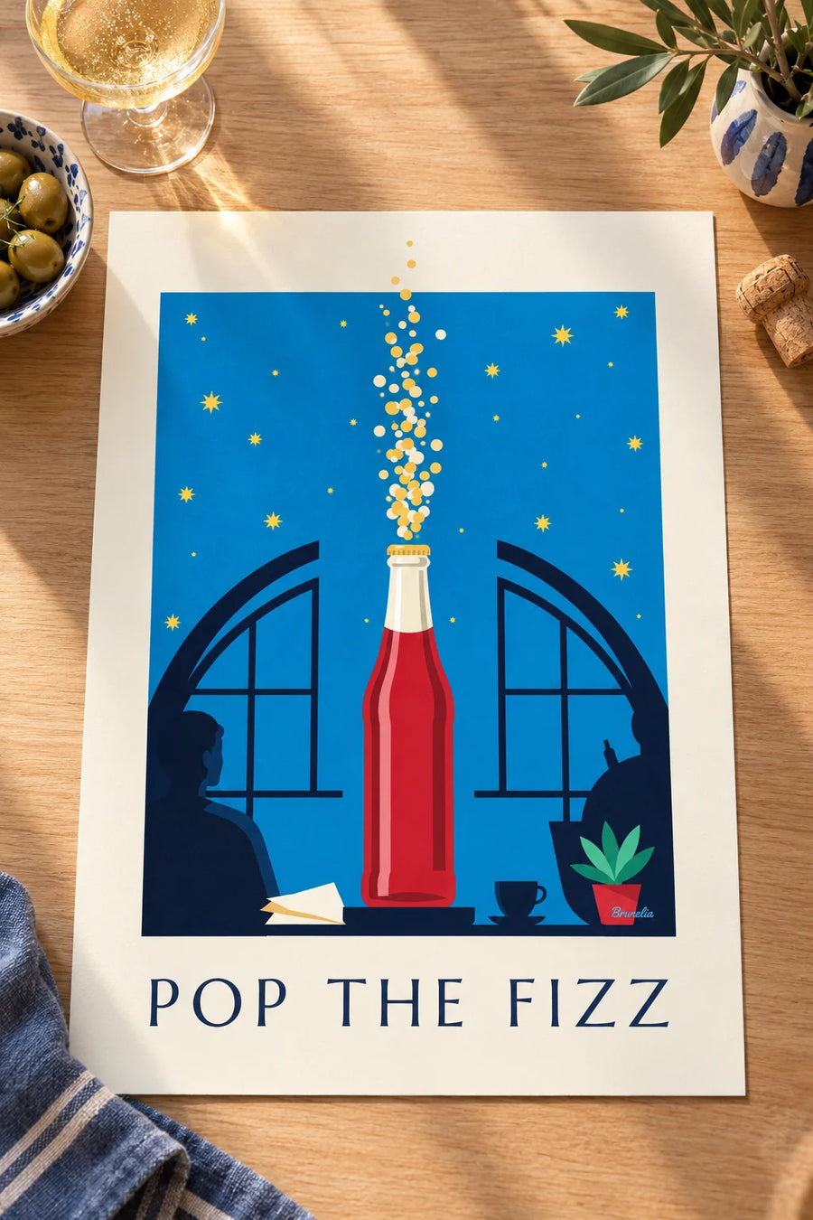Poster of a sparkling soda bottle under a starry sky: resting on a table