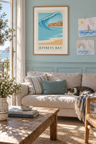 Surfer poster on the Jeffreys Bay wave: framed on the wall
