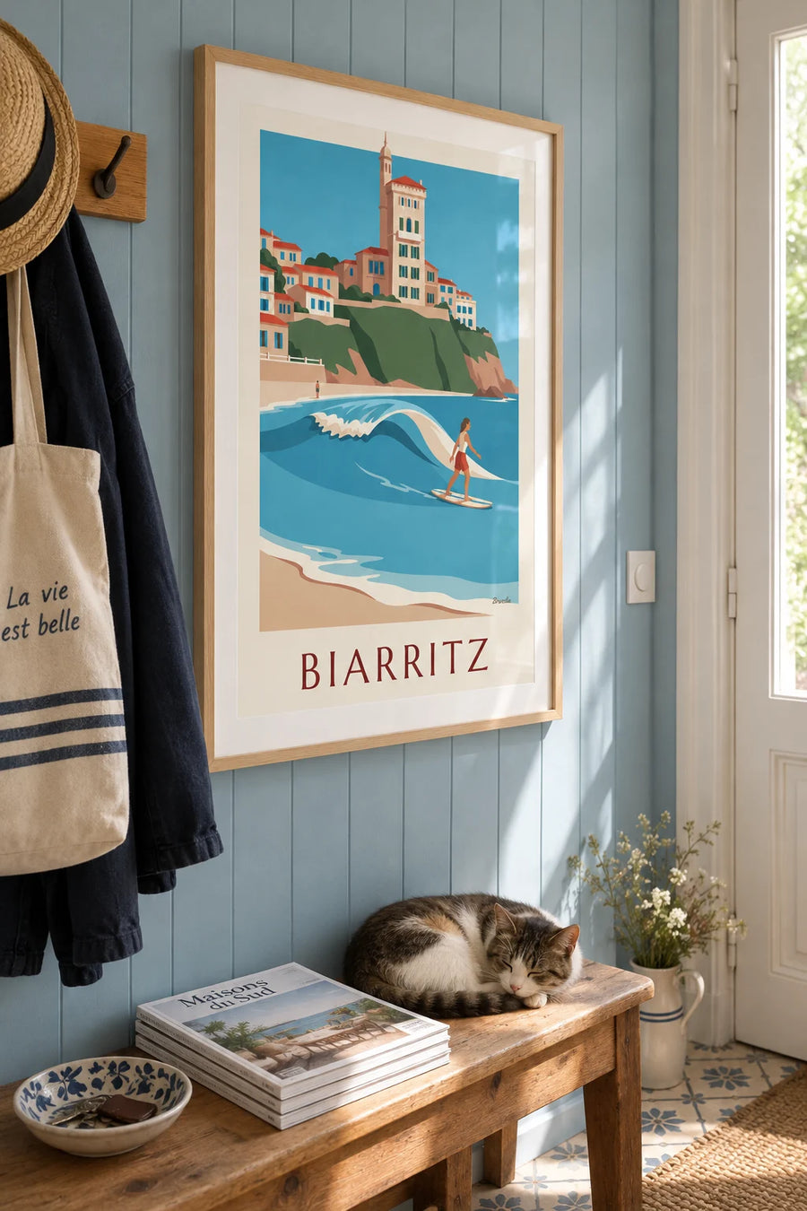 Affiche longboardeuse à la Côte des Basques de Biarritz : encadrée au mur